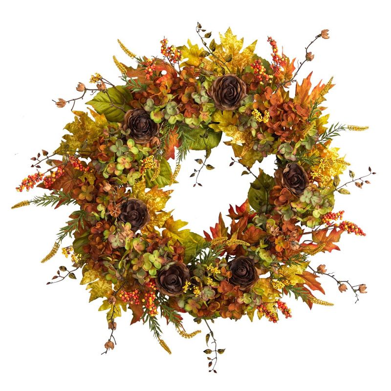 Nearly Natural 32” Fall Hydrangea, Ranunculus and Maple Leaf Autumn Artificial Wreath, 1 of 6