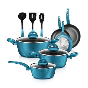 NutriChef 12 Piece Nonstick Home Cookware Set w/ Lids & Cool Touch Handles - Blue