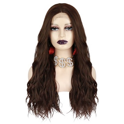 Unique Bargains Women's Synthetic Fibre Long Body Wave Lace Front Wigs with Wig Cap 24" Dark Brown