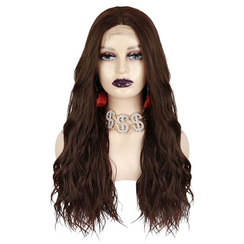 Unique Bargains Long Body Wave Lace Front Wigs Women's with Wig Cap 24" Dark Brown Synthetic Fibre 1PC, 1 of 5