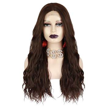 Unique Bargains Long Body Wave Lace Front Wigs Women's with Wig Cap 24" Dark Brown Synthetic Fibre 1PC