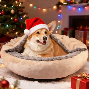 JOEJOY Dog Beds for Small Medium Dogs, Cozy Cuddler Luxury Puppy Pet Bed with Blanket Attached, Donut Round Calming Anti-Anxiety Dog Burrow Cave Bed - 1 of 4