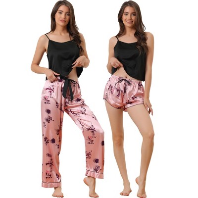 cheibear Women's Floral 3 Pieces Pajama Sets Cami Shorts and Long Pants Set  for Sleep Loungewear Pink Large