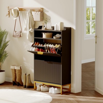 reestanding Shoe Cabinet w/ 2 Flip Drawers & Open Shelf, Fluted Shoe Organizer with Metal Legs, Narrow Entryway Shoe Rack for Hallway, Foyer