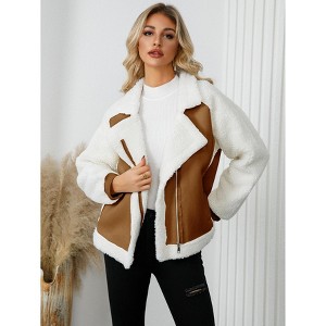Women's Shearling Jacket with Denim and Faux Leather Panels, Zipper Closure, Stylish and Warm Coat for Fall and Winter - 1 of 4