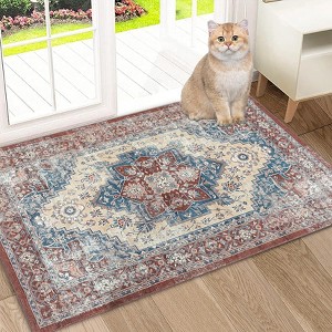 Rugs for Living Room 8x10 – Washable Anti-Slip Low Pile Vintage Floral Oriental Distressed Rug for Bedroom, Office, Dining, Nursery, Red & Blue - 1 of 4