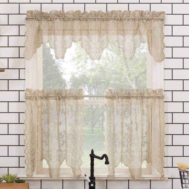 Set of 2 (36&#34;x58&#34;) Alison Floral Lace Sheer Rod Pocket Kitchen Curtain Tier Beige - No. 918, 4 of 8