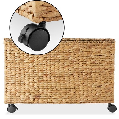Natural Wicker Rolling Storage Basket with Lid and Wheels