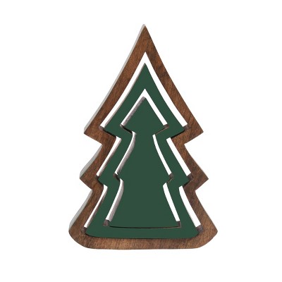 Nested Green and Brown Wooden Christmas Tree Figurine Set