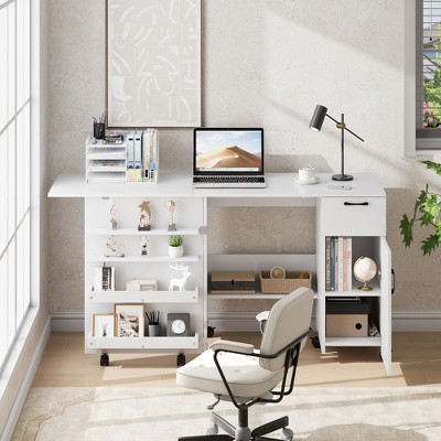 Folding Sewing Table with Drawer, Multipurpose Craft Table with Shelves Storage,Side Desk with Lockable Wheels
