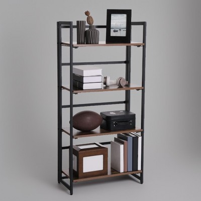 Industrial Bookshelf, Folding Bookcase, 4-Tier Ladder Shelf, Wood Look Accent Furniture with Metal Frame, for Home Office