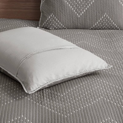Gray King Cotton Reversible Quilt Set with Ridged Embellishment