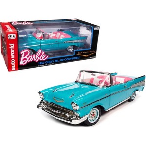 1957 Chevrolet Bel Air Convertible Aqua Blue w/Pink Interior Barbie Silver Screen Machines 1/18 Diecast Model Car by Auto World - 1 of 4