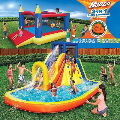 BANZAI Inflatable Water Slide & Bounce House (Combo Pack) Summer Kids Adventure Park Pool w Sprinkler Wave, Slide And Large Bonus 12’x9 Bounce House