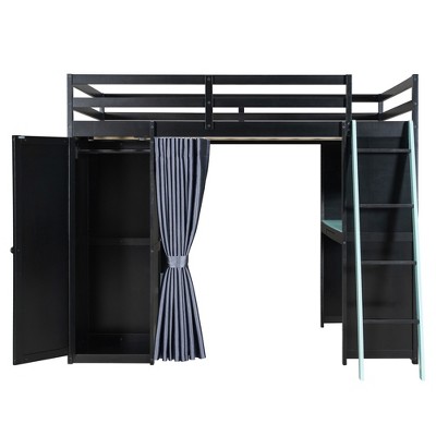 YOOCOZZ Full Size Wood Loft Bed with, Wardrobe, Shelves, Blackout Curtains, RGB Lights