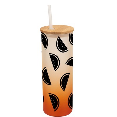 Elanze Designs Watermelon Fruit Happy Summer Vibes Wrap-Around Design 25 Ounce Frosted Gradient Glass On-The-Go Coffee Travel Skinny Tumbler Mug Cup,