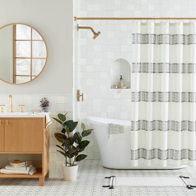 Clipped Jacquard Stripe Shower Curtain Sour Cream/Railroad Gray - Hearth &#38; Hand&#8482; with Magnolia