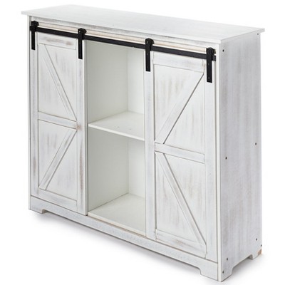 White Distressed Barn Door-Style Buffet Cabinet with Shelves