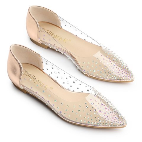 Обувь Allegra K Women's Pointed Toe Clear Rhinestone Ballet Flats Champagne Gold 6