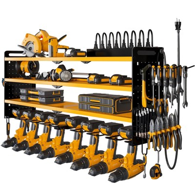 Hausource 4-Tier Tool Organizer Wall Mount Tool Storage Utility Shelf w/8 Drill Holder, Yellow