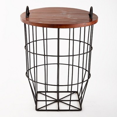 Round Metal Wire Basket Side Table with Wooden Lid