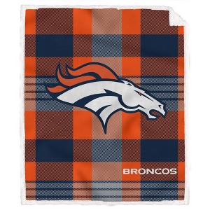NFL Denver Broncos Plaid Steel Royal Plush Faux Shearling Blanket - 1 of 2