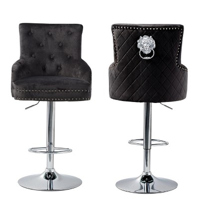 Large Velvet Bar Stool Heavy Duty Chrome Base Comfy Deep Button Swivel Chair