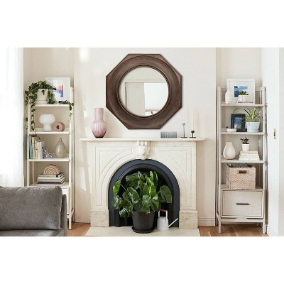 Hexagonal Walnut Wood Framed Wall Mirror