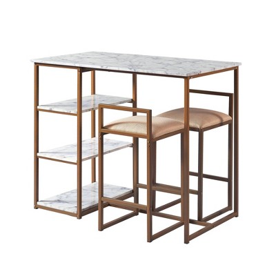 Elegant Faux Marble & Brass Finish Bistro Dining Set with 2 Padded Chairs