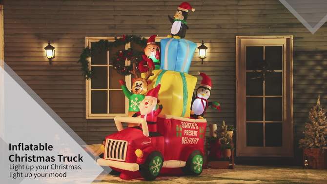 Outsunny 9ft Christmas Inflatables Outdoor Decorations Santa Claus Drives a Gift Car with Elk, Elf and Two Penguins, Blow-Up LED Yard Christmas Decor, 2 of 8, play video