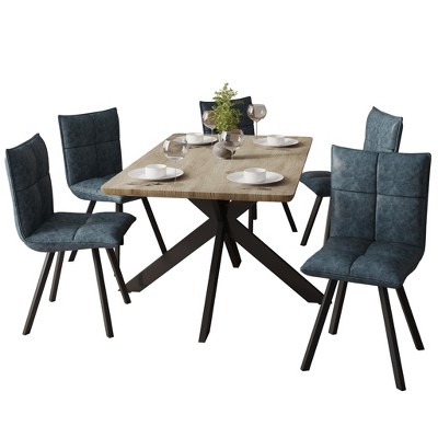 LeisureMod Ravenna 5-Piece Dining Set 63" Rectangular Dining Table with Natural Wood MDF Top and 4 Leather Side Chairs
