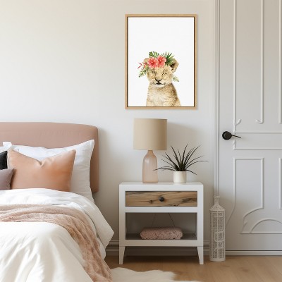 Natural Wood Framed Flower Crown Lion Cub Canvas Art