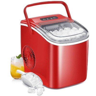 ZAFRO Ice Makers Countertop, Portable Ice Maker with Handle, 26lbs/24H,Self-Cleaning Ice Machine with Basket & Scoop for Home, RV, Camping (Red)