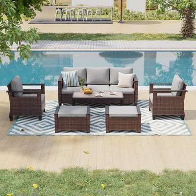 Sonkuki 6 Pieces Patio Sofa & Ottomans & Chair & Coffee Table Set, Conversation Couch with Sand Cushion
