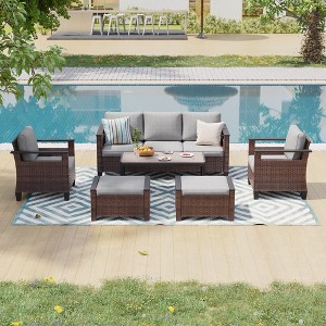 Sonkuki 6 Pieces Patio Sofa & Ottomans & Chair & Coffee Table Set, Conversation Couch with Sand Cushion - 1 of 4