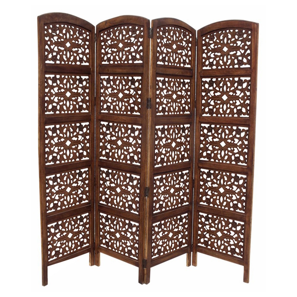 The Urban Port Handmade Foldable 4 Panel Wooden Partition Screen Room Divider Dark Brown