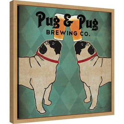 Vintage Style Pug and Beer Canvas Print in Maple Frame