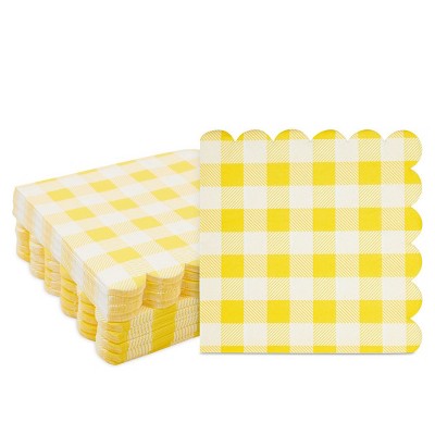 Blue Panda 100 Pack Yellow Plaid Scalloped Luncheon Paper Napkins for Party Supplies Decorations, 6.5 In