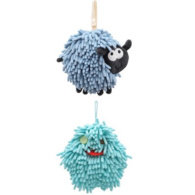 REGALWOVEN 2 Packs Cute Sheep Shape Absorbent Fast Drying Chenille Hand Towels with Hanging Loop 7" x 7"