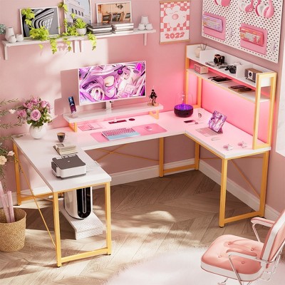 Aheaplus U-Shaped Computer Desk with Hutch, Home Office Desk with Metal Base