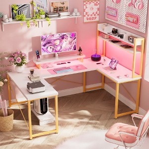 Aheaplus U-Shaped Computer Desk with Hutch, Home Office Desk with Metal Base - 1 of 4