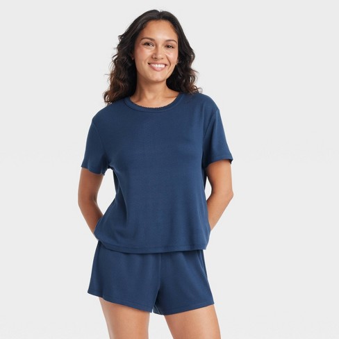 Women s Pointelle Short Sleeve Top And Shorts Pajama Set Auden Navy Blue S Target