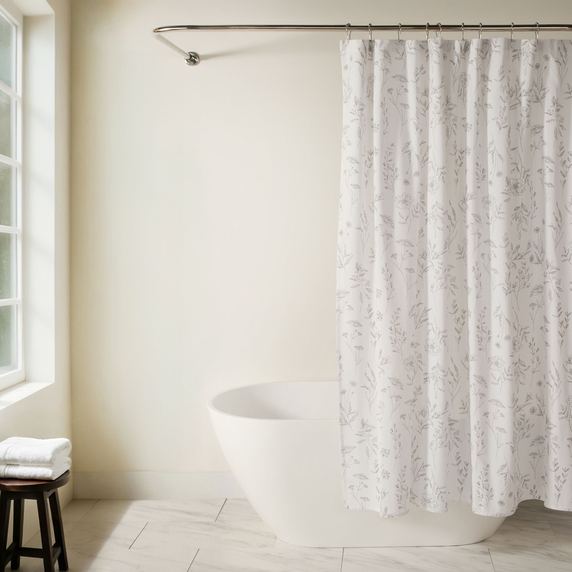 Cotton Rich Printed Shower Curtain – 72x72 Washable Fabric, Modern Farmhouse Bathroom Decor - Becky Cameron, Linear Flowers Gray