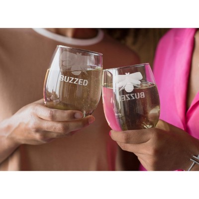 Buzzed Bee Etched Clear Glass Stemless Wine Glass 16 oz