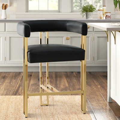 Faux Leather Counter Height Bar Stools,Boasting Curved Frame Armrest & Gold Metal Legs Midbar Chair For Dining Room, Kitchen Island-Tanpinhause