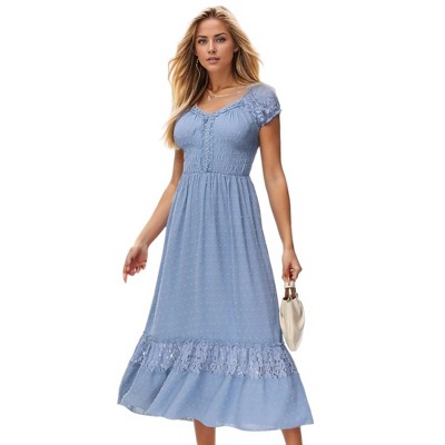 Anna-kaci Women's Boho Inspired Lace Cap Sleeve Lace Trim Ruffle Flared Hem Maxi  Dress - Medium, Blue : Target