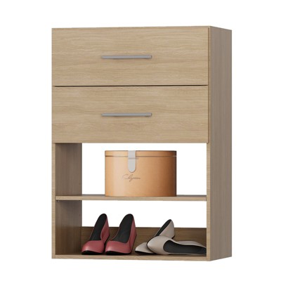 Short Tower Wood Built In Closet Organizer Unit, Wood Closet Organizer Starter Kit, Mounted Closet Systems with 2 Drawers