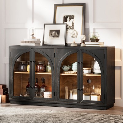 JUJABU 4-Door Sideboard Cabinet with Arched Glass Panels, Adjustable Shelves and Ample Storage for Kitchen, Dining Room or Living Room