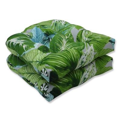 2pk Lush Leaf Jungle Wicker Outdoor Seat Cushions Green - Pillow Perfect