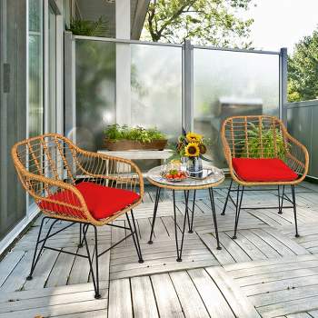 Costway 3PCS Patio Rattan Bistro Furniture Set Cushioned Chair Table